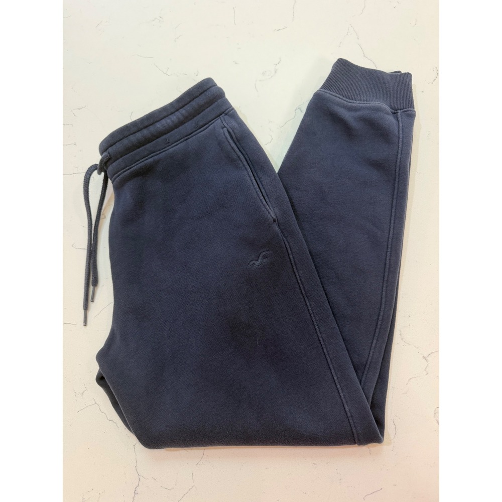 Hollister Mens Navy Blue Fleece Jogger Sweatpants Small Seagull Logo Drawstring
